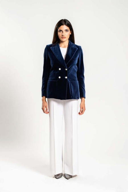 Giacca donna doppiopetto in velluto blu