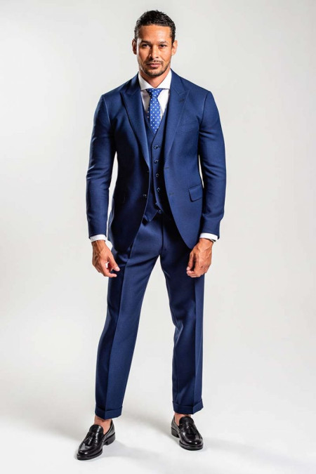 Men suit with vest in blue navy wool