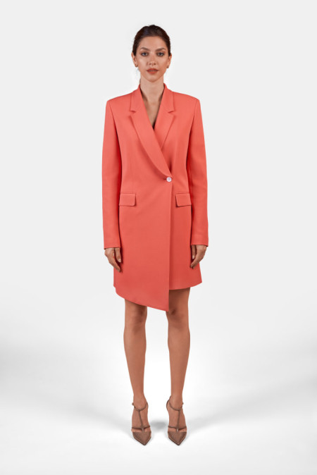 LONG JACKET WITH ASYMMETRIC CUT IN PEACH STRETCH FABRIC