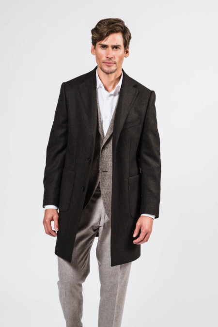 Men coat in brown herringbone wool