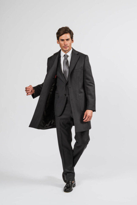 Men coat in grey herringbone wool cotton and cashmere