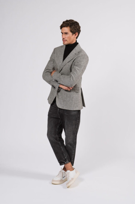 Men jacket in black and white herringbone shetland wool