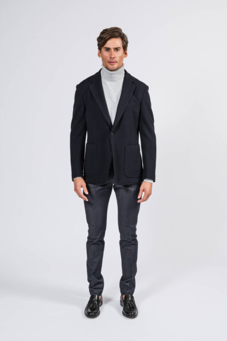 Sergio men jacket in navy blue wool and cotton jersey