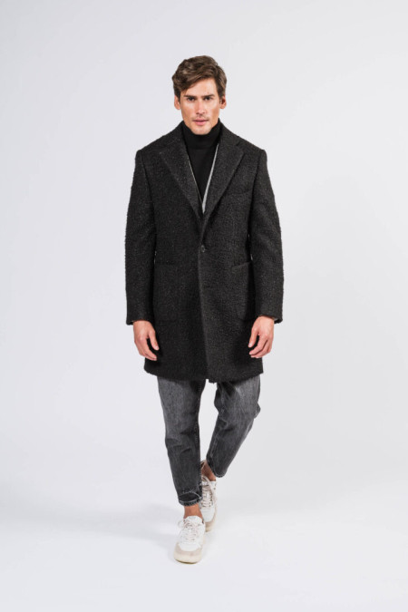 Men coat in black wool bouclè