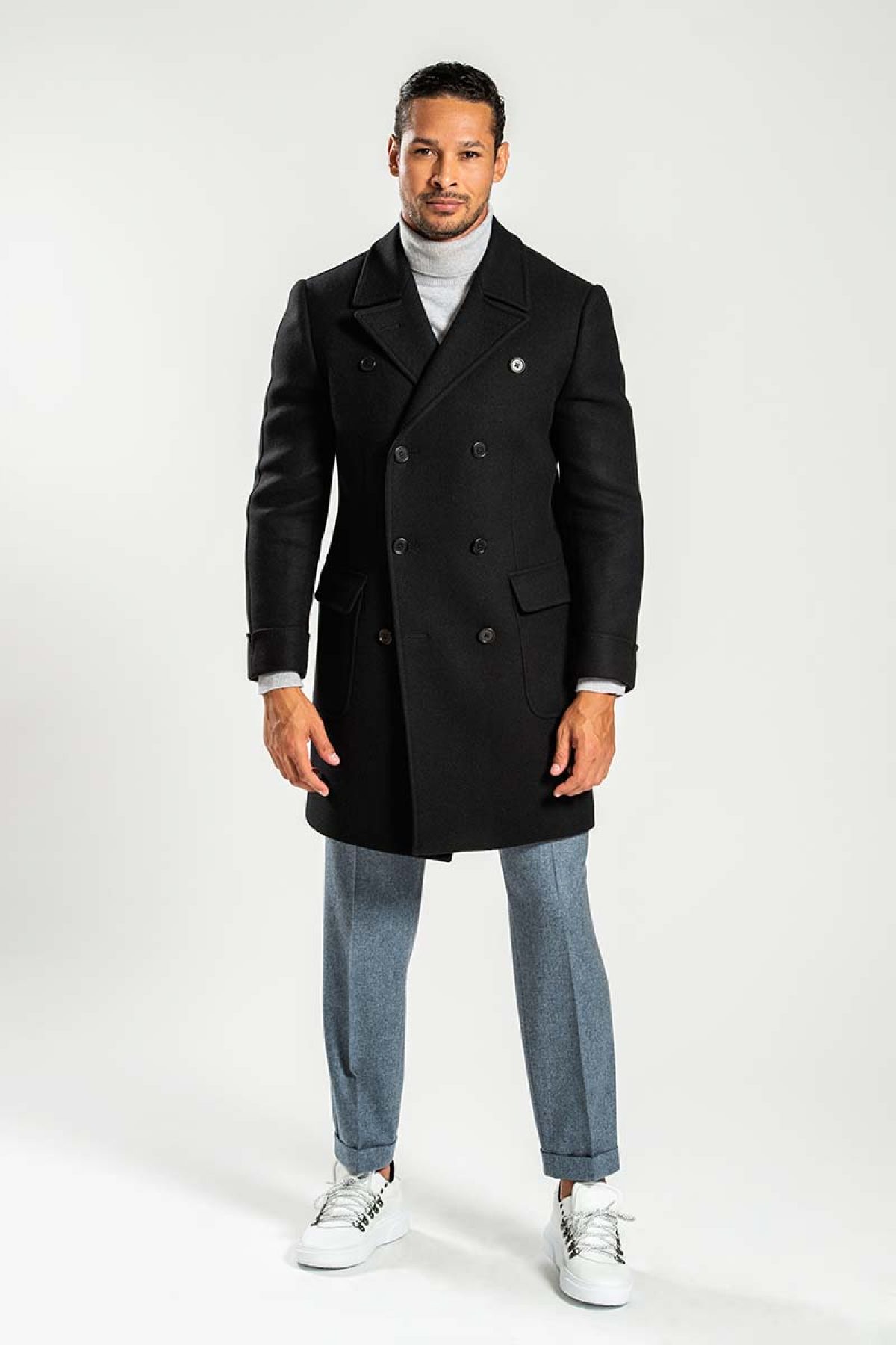 Men coat in black wool and angora | Creazioni Baleani